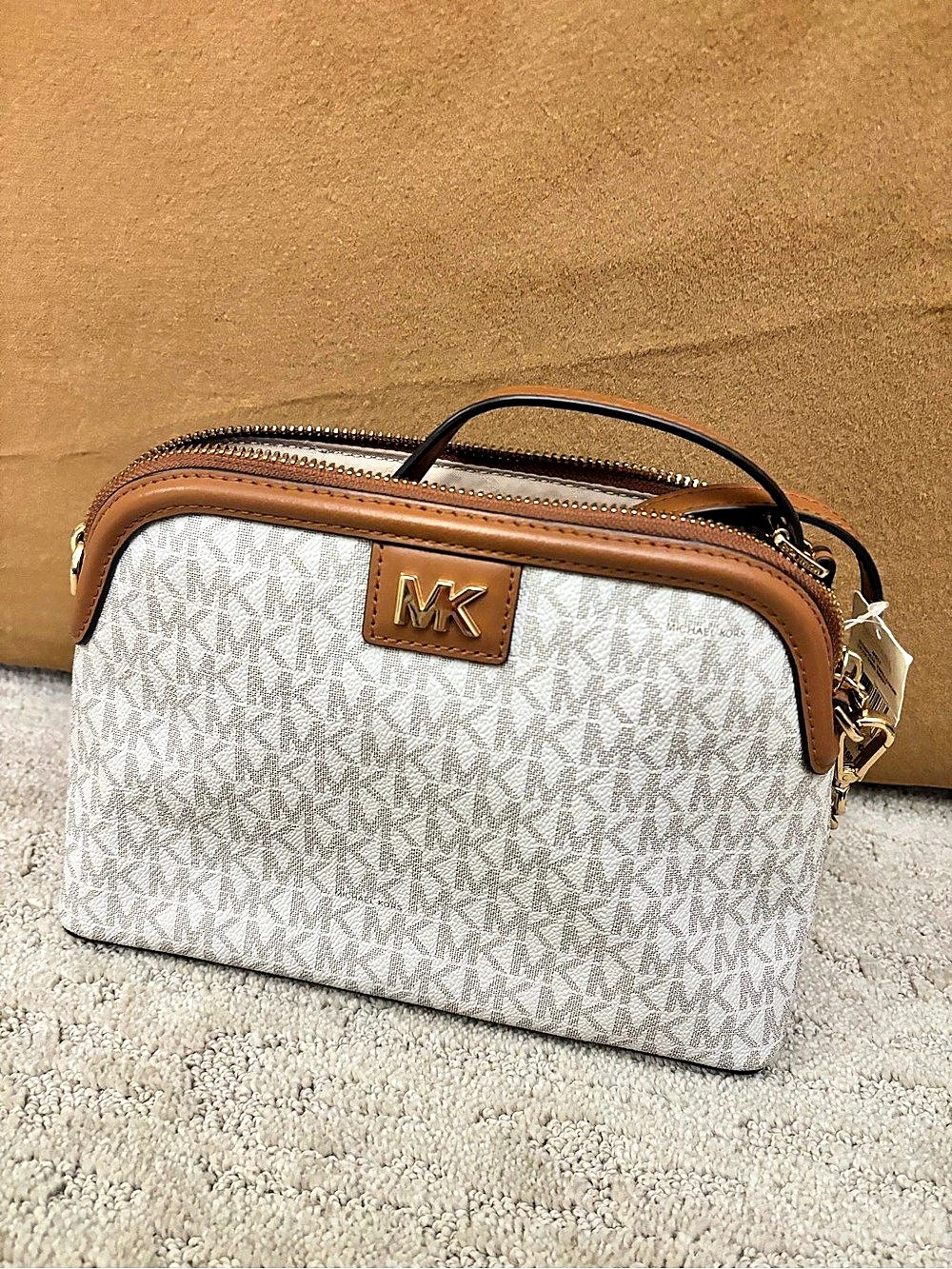 Michael Kors Mott Large Zip Dome Crossbody White & Brown